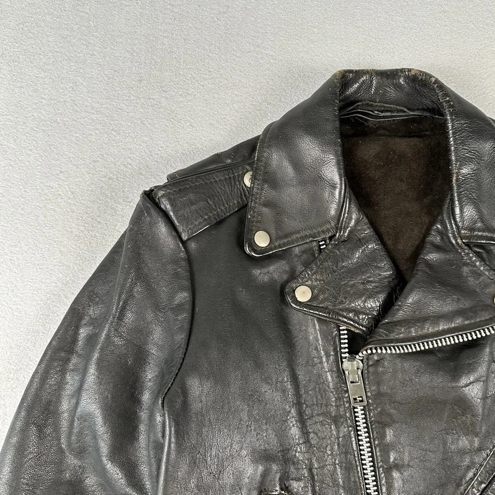 Vintage 60s 70s Leather Motorcycle Jacket Men's 40 Black Unlined Belted Biker